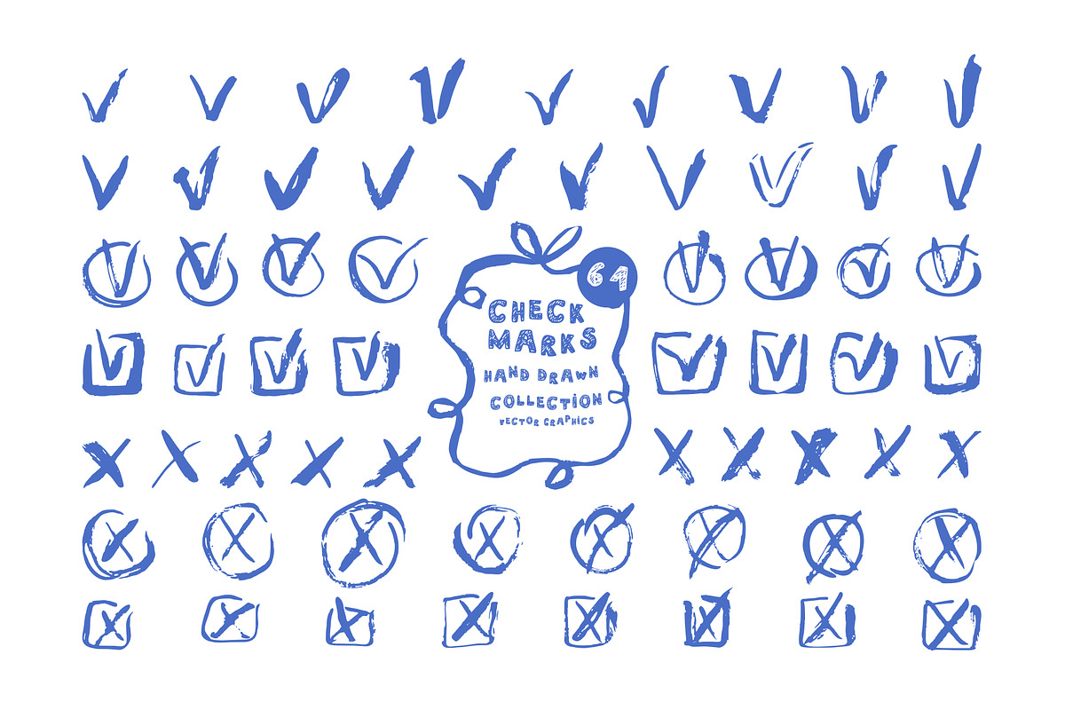 64 Hand Drawn Check Marks and Cross, an Object Graphic by Anada Arty