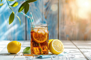 Glass jar with iced tea and lemon on wooden table, a Food & Drink Photo by AlyaAnd