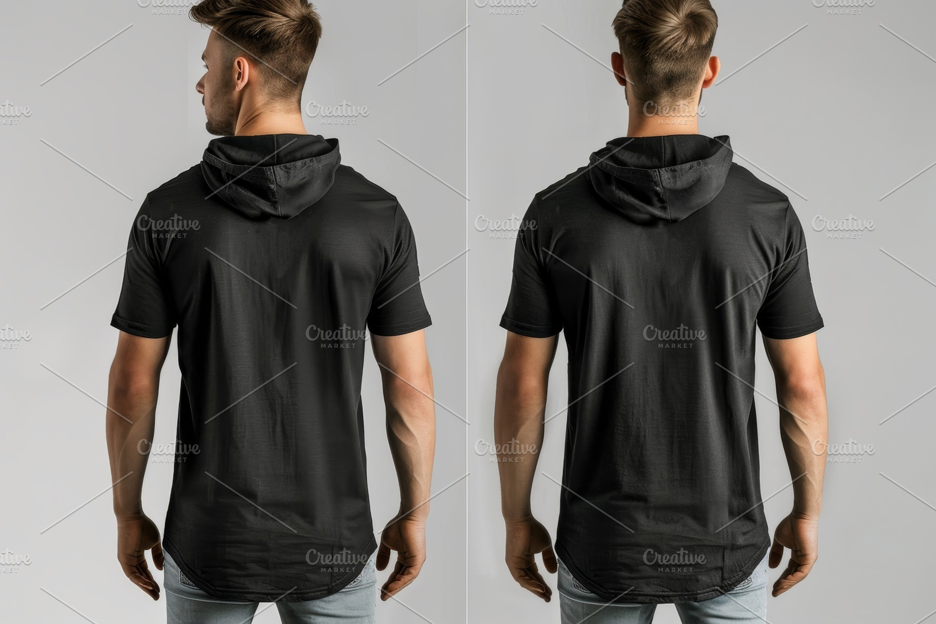 A young man models a black hooded sh, a Photo by Tanuart