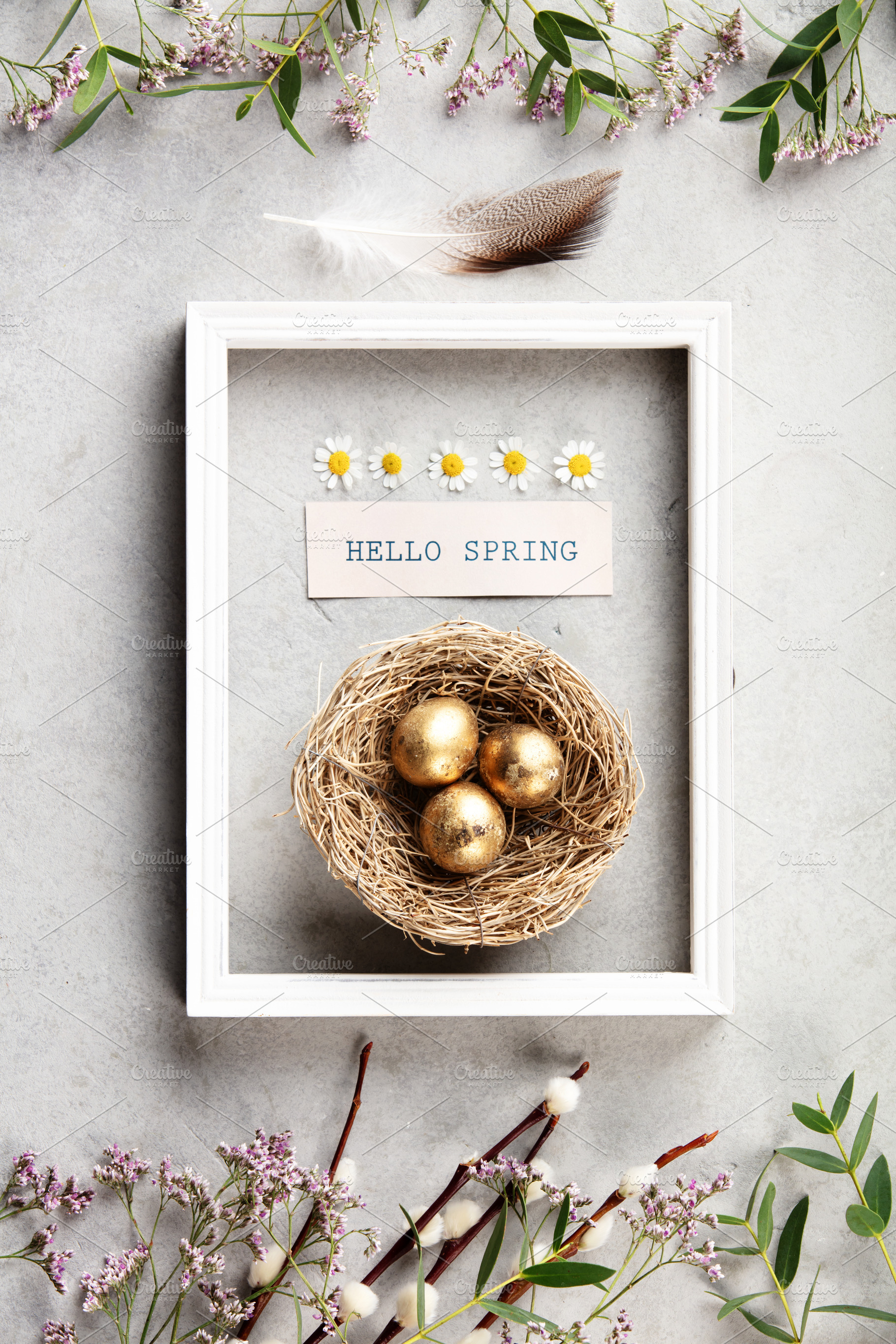 Hello Spring Card with Golden Eggs Nest in White Frame, a Holiday Photo by Natalia Klenova's Shop
