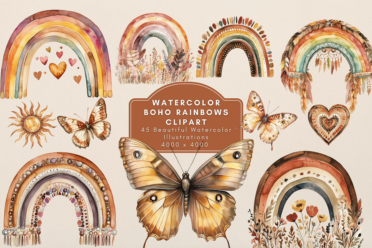 Boho Rainbow Clipart, an Illustration by NadiaTheronArt (Photo 1 of 4)
