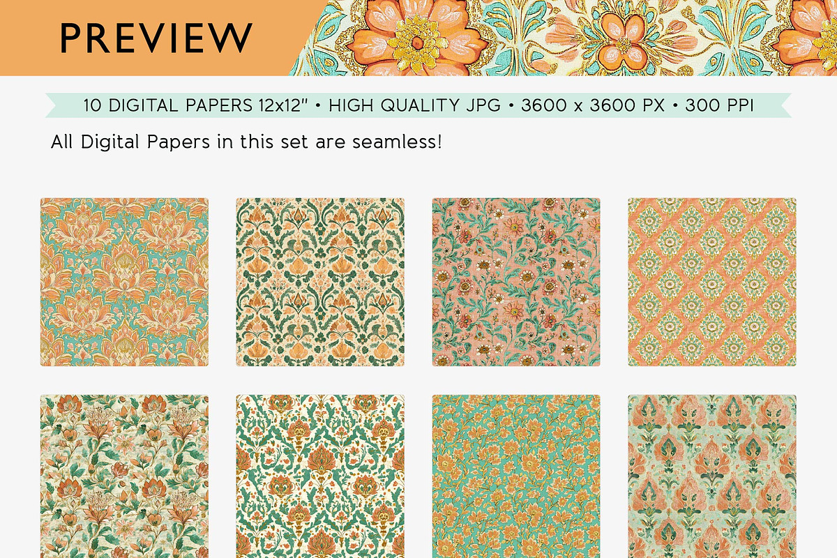 Boho Summer Orange & Aqua Patterns, a Pattern Graphic by Maishop (Photo 4 of 4)