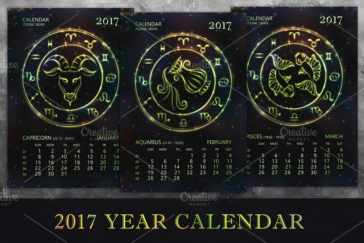 ZODIAC CALENDAR 2017 - green vector, a Texture Illustration by Nadin_Lebedeva (Photo 2 of 7)