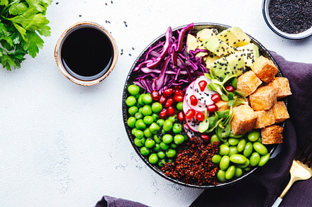 Healthy vegan diet food. Buddha bowl with quinoa, fried tofu, av, a Food & Drink Photo by 5PH