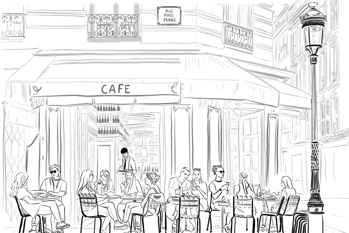 Paris Cafe Drawing Travel, a Food Illustration by PageLightStudios