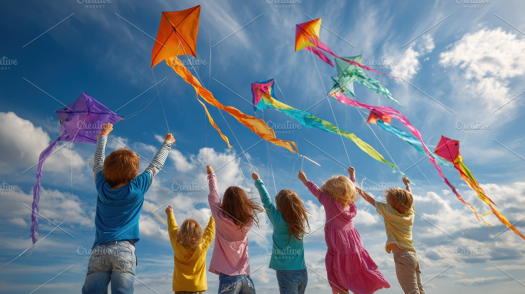 Children flying colorful kites sunny, a Photo by Pixeness Studio