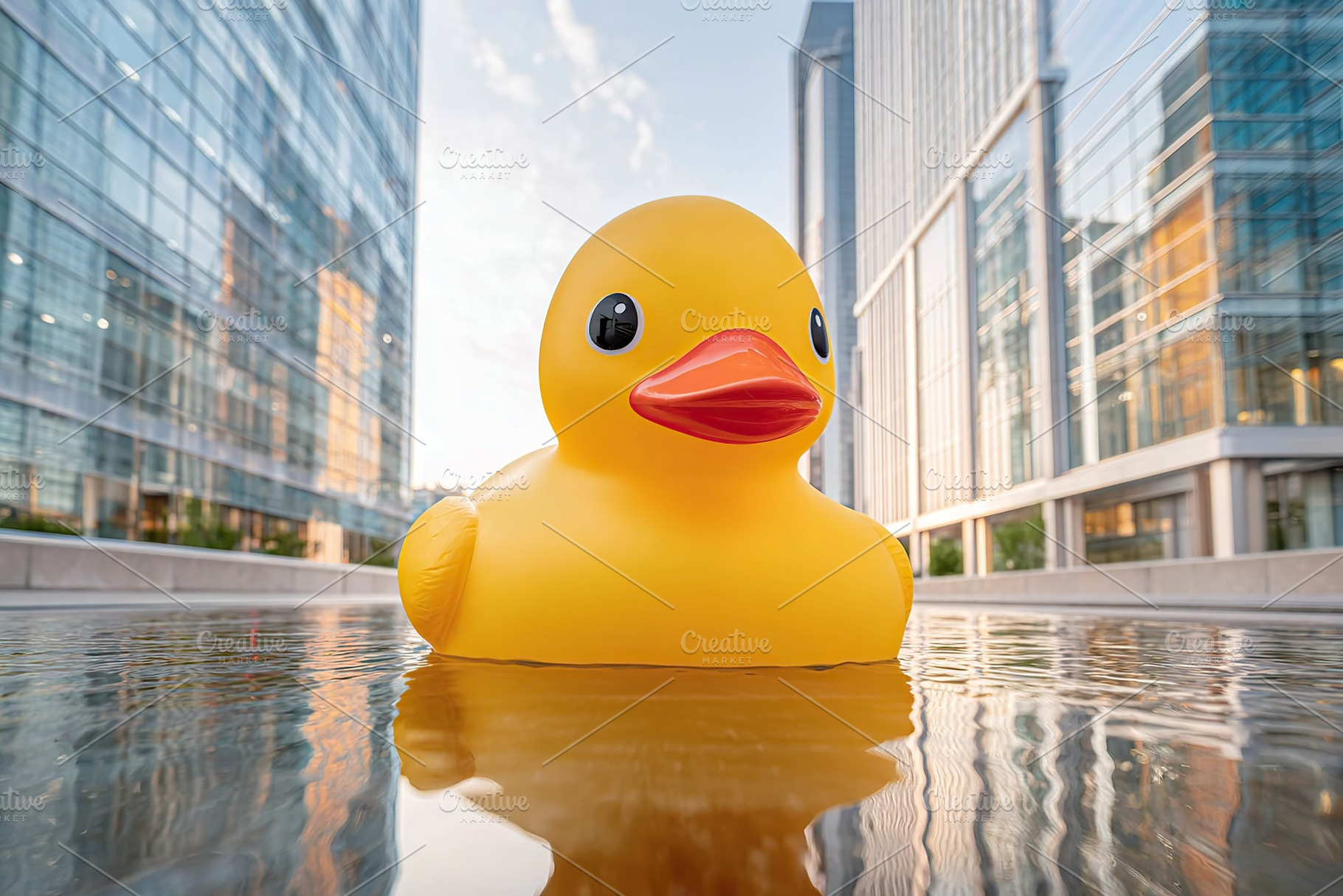 Giant rubber duck floats in urban water feature surrounded by modern buildings, a Photo by AlyaAnd