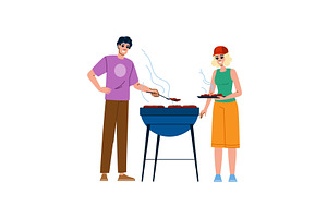 Friends grilling meat at barbecue, a Person Illustration by pikepicture