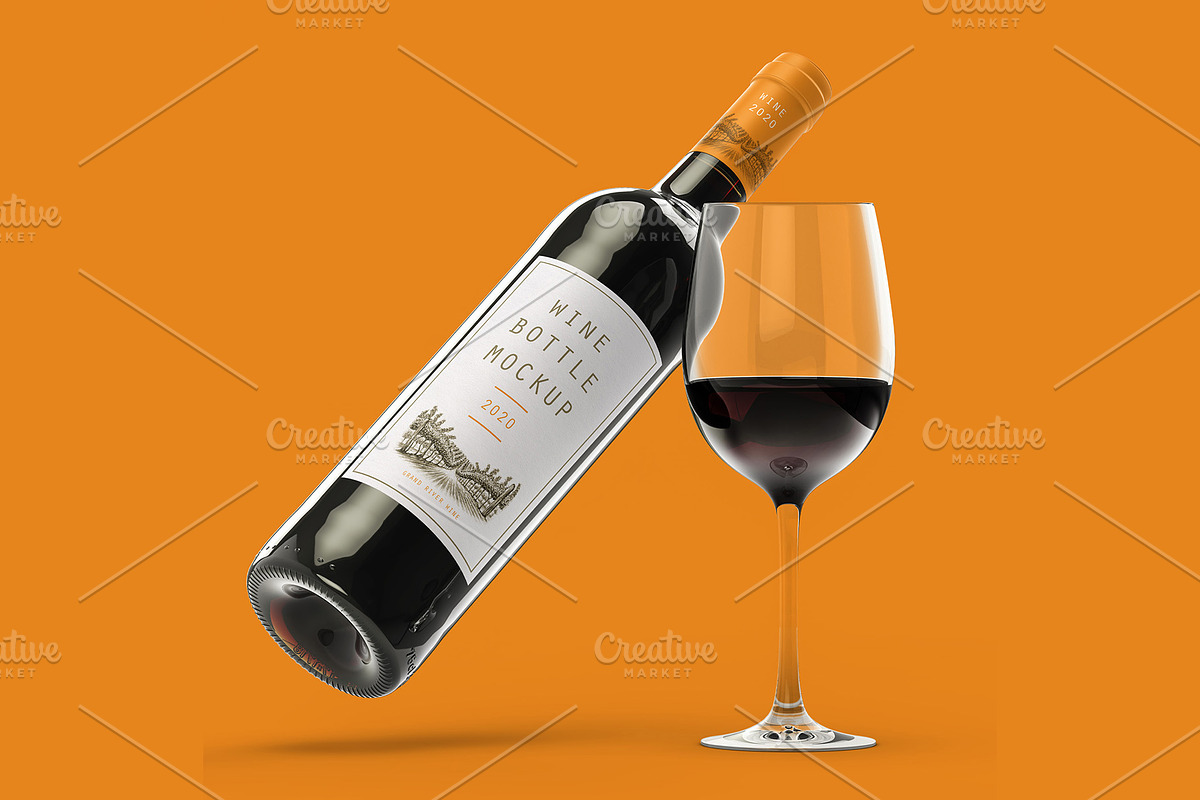 Wine Bottle & Glass Mockup PSD, a Packaging Mockup by LESZ Design (Photo 3 of 3)