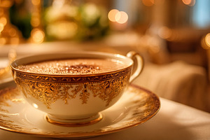 Elegant coffee cup with golden filigree, enjoying a luxurious af, a Food & Drink Photo by Studio ANNA