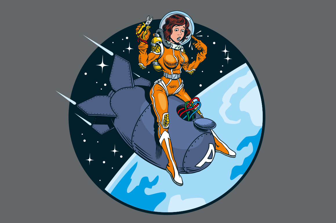 Woman riding atomic bomb, an Illustration by Ledokolua