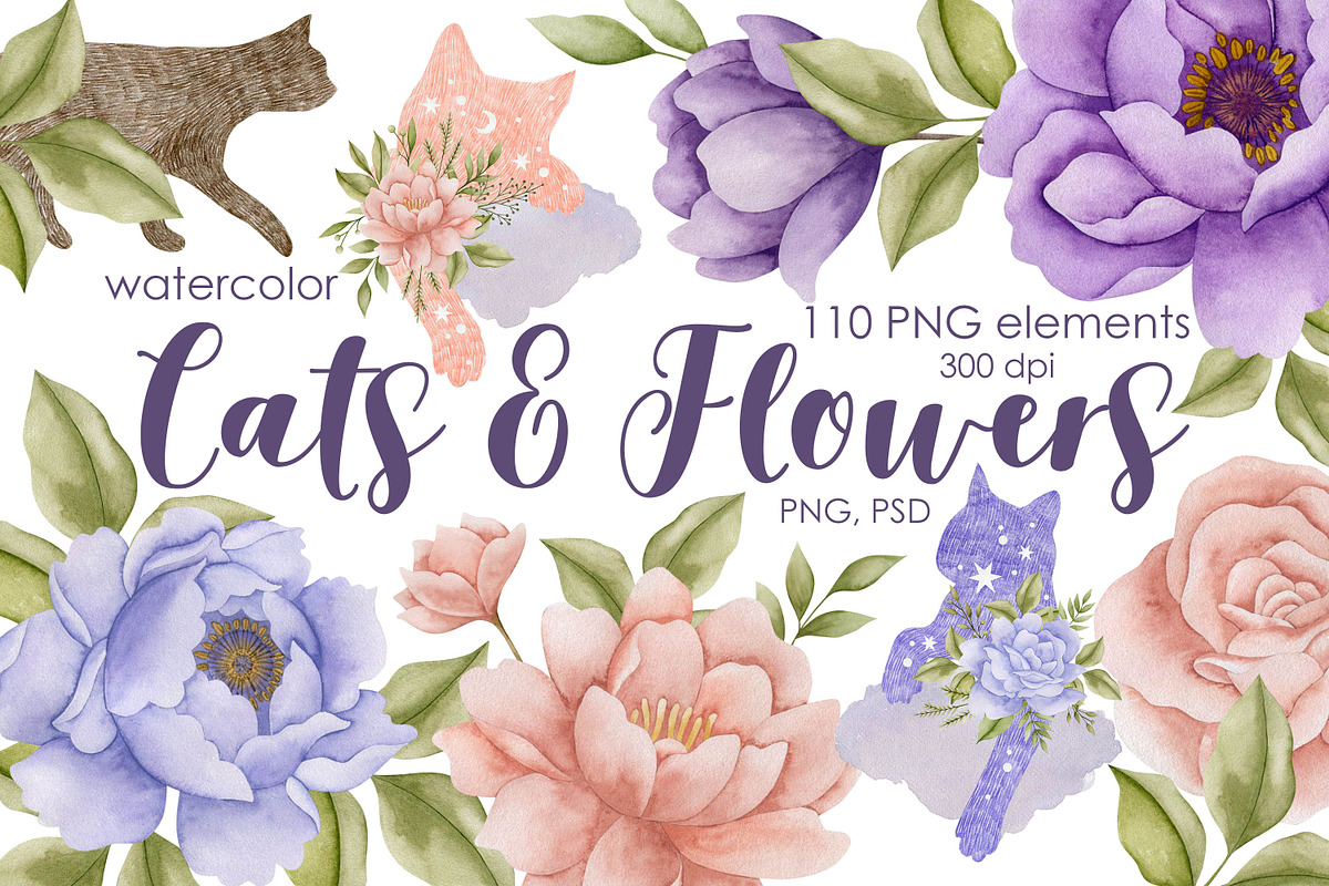 Watercolor Flowers & Cats collection, an Animal Illustration by Kira Konoshenko (Photo 1 of 20)