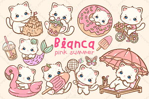 Kawaii White Cat Pink Summer Clipart, an Animal Illustration by Blumensdiary