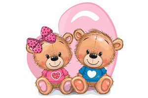 Two Cute Cartoon Teddy Bears