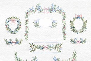 Garland Pink Bow Watercolor Clipart.