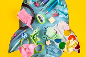 Back to school Background with Rocket with School Supplies, a School & Education Photo by Rimma
