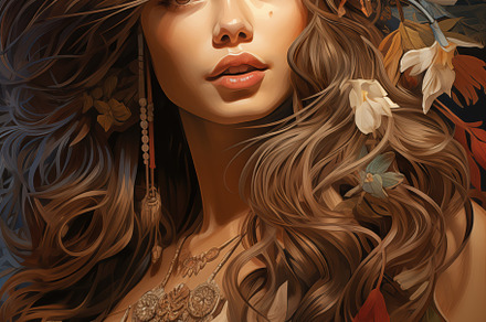 A portrait of a bohemian woman with long, flowing hair adorned with a colorful, a Beauty & Fashion Photo by Textures & Backgrounds