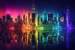 A vibrant city skyline at night, illuminated with colorful lights in rainbow hu, an Arts & Entertainment Photo by Textures & Backgrounds