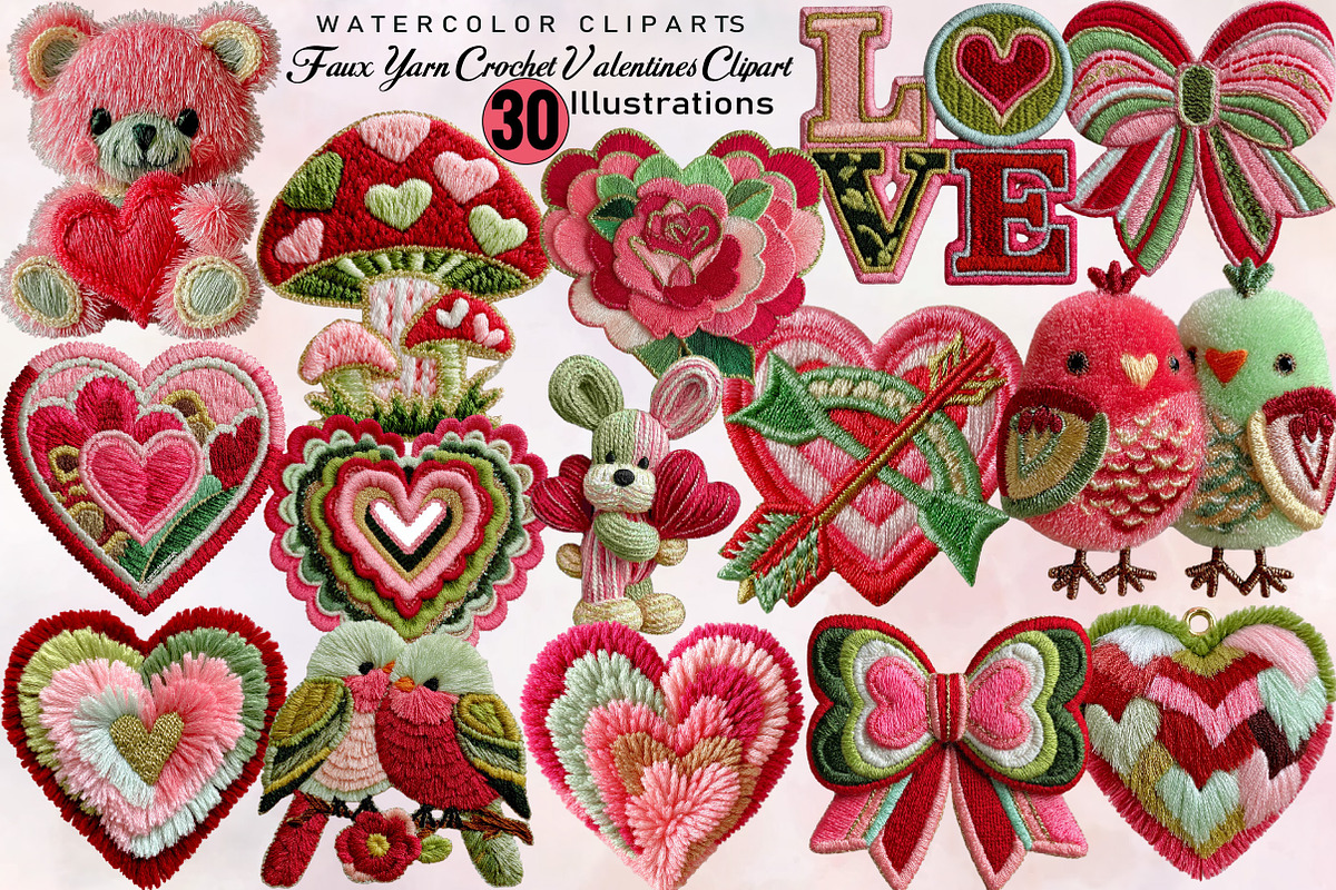 Faux Yarn Crochet Valentines Clipart, an Illustration by SVGArt (Photo 1 of 8)