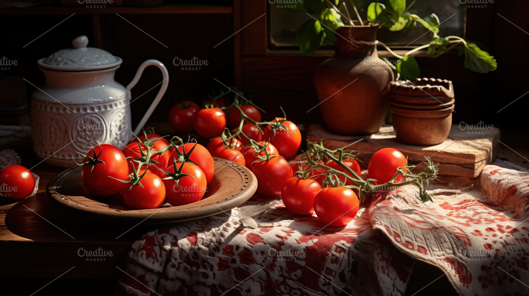 A rustic still life featuring fresh tomatoes on a wooden plate, surrounded by a, a Food & Drink Photo by Textures & Backgrounds