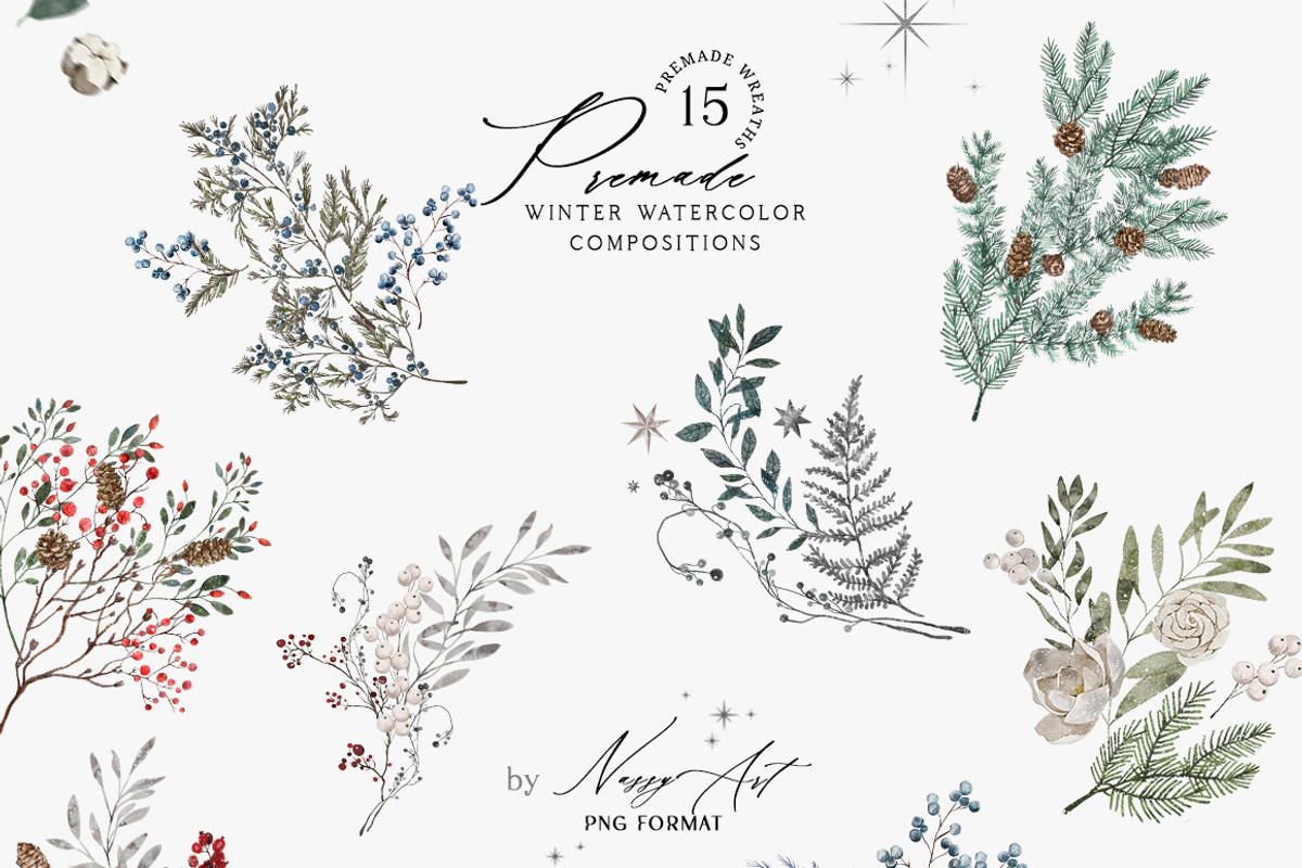 Winter Greenery Watercolor Set, an Illustration by NassyArt (Photo 6 of 10)