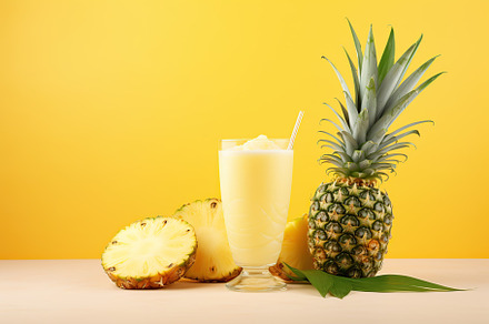 Sliced pineapples and glass of juice on yellow background, a Food & Drink Photo by AlyaAnd