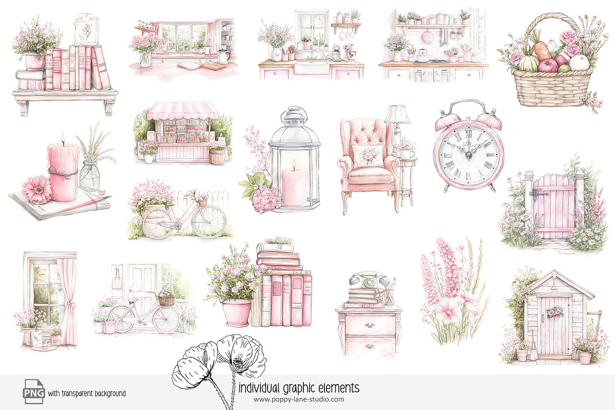 80 pink cottage clip art, a Seasonal Illustration by Poppy Lane Studio (Photo 4 of 8)