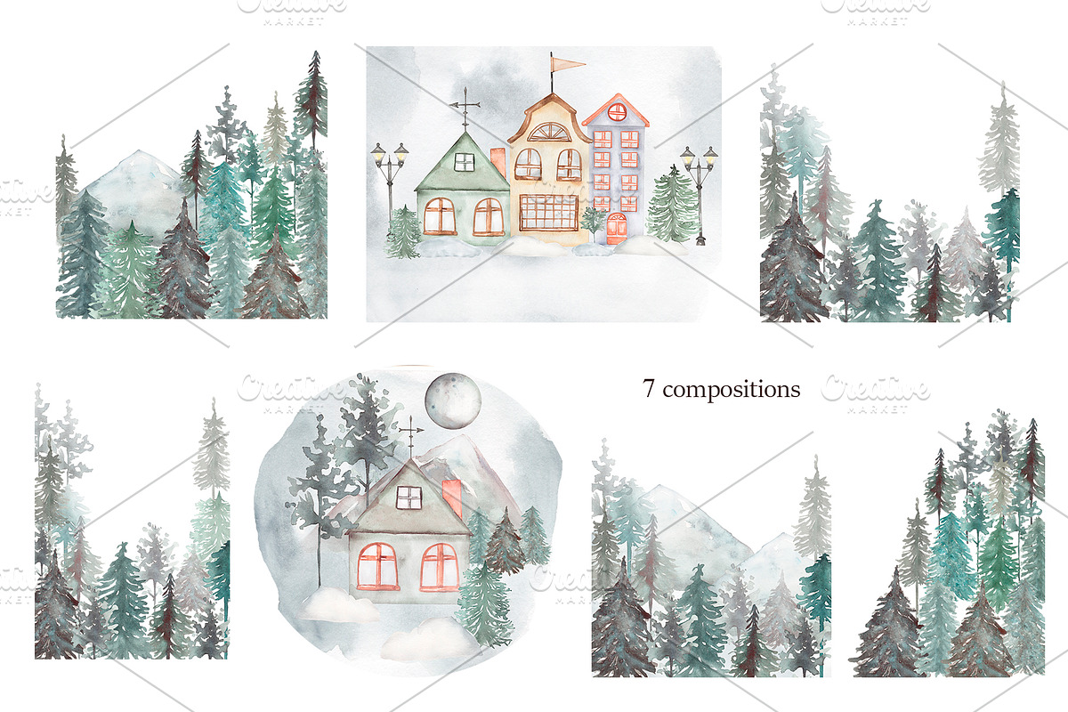 Watercolor Winter Town Collection, a Person Illustration by MayaNavits (Photo 4 of 10)