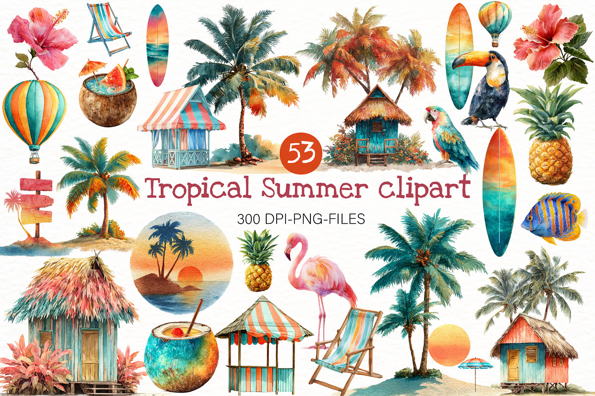Watercolor tropical Summer clipart, an Illustration by Designworld (Photo 1 of 8)