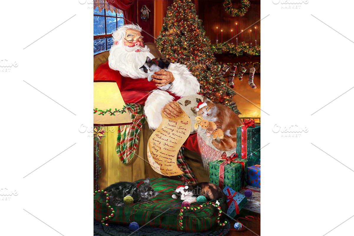 Christmas Santa with Cymric Cat Art, an Animal Illustration by Art Paradise Studios (Photo 1 of 3)