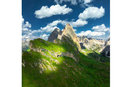 Aerial view of Seceda mountain in, a Nature Photo by den-belitsky