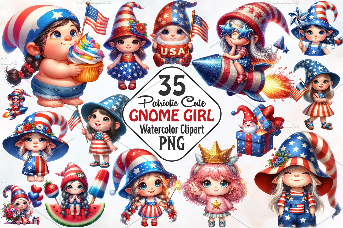 Patriotic Cute Gnome Girl Clipart, an Illustration by RobertsArt (Photo 1 of 7)