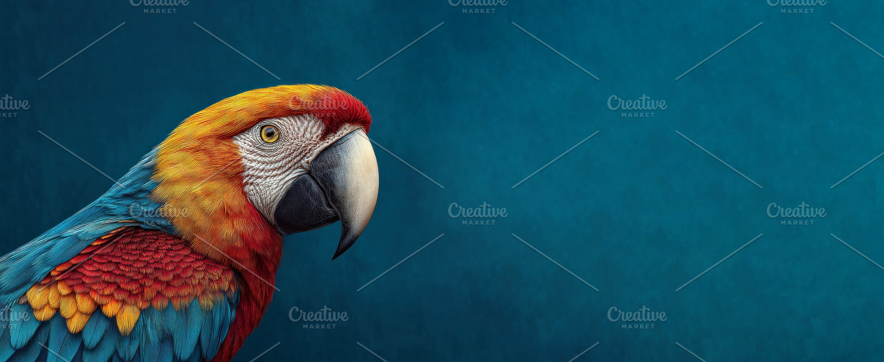 Vibrant Scarlet Macaw Portrait with Colorful Feathers on Teal Ba, an Animal Photo by José Manuel Gelpi