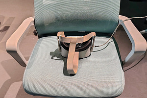 Empty chairs with vr glasses at interior room, a Technology Photo by DanFLCreativo