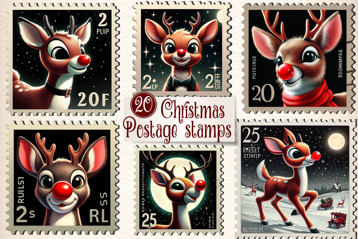 christmas reindeer Postage Stamps, an Illustration by CreationArt (Photo 1 of 6)