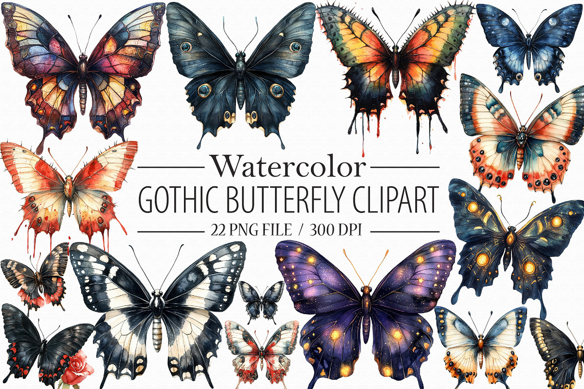 Gothic Butterfly Clipart PNG Graphic, an Illustration by Libby Wishes (Photo 1 of 5)