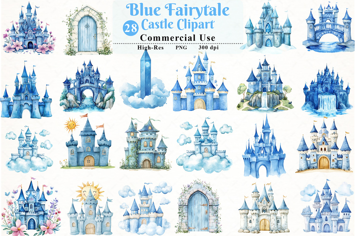 Blue Fairytale Castle Clipart, an Illustration by Watercolor design (Photo 1 of 11)