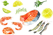 Watercolor image of seafood set, a Food Illustration by Elena Dorosh (Thumbnail 3 of 5)