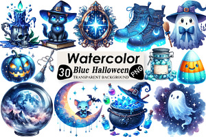 Watercolor Blue Halloween Clipart, an Illustration by Black Bird Studio