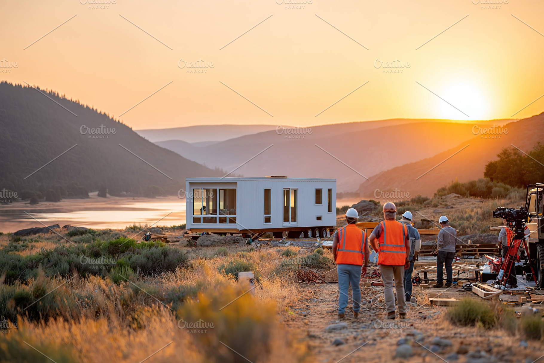 Modular tiny house under construction along serene lakeside at sunset, a Photo by AlyaAnd