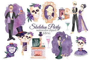 Skeleton Party Watercolor Clipart