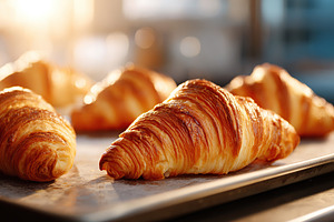 Perfectly baked golden croissants stacked on a baking tray in a warm kitchen se, a Food & Drink Photo by AlyaAnd