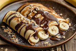 Delicious pancakes topped with melted chocolate and bananas on a rustic wooden, a Food & Drink Photo by AlyaAnd