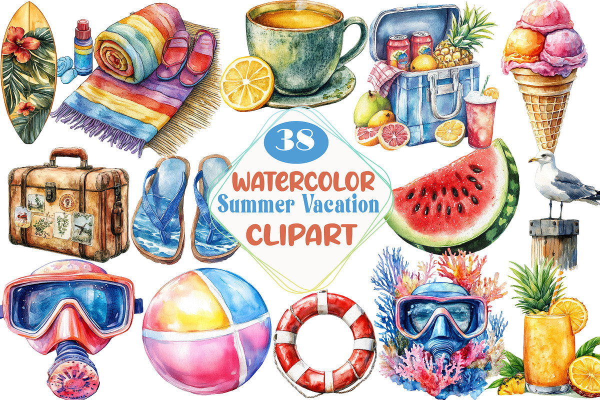 Watercolor Summer Vacation Clipart, an Illustration by DreamCafeArt (Photo 1 of 5)
