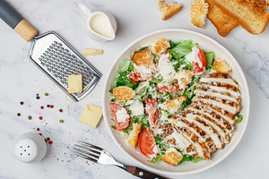 Chicken caesar salad featuring breakfast, caesar, and appetizer