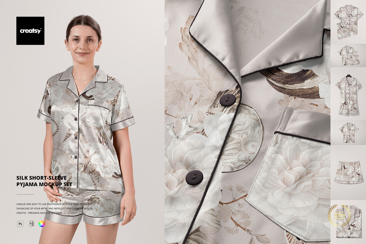 Silk Short-sleeve Pyjama Mockup Set, a Bottom Mockup by creatsy5 (Photo 1 of 12)