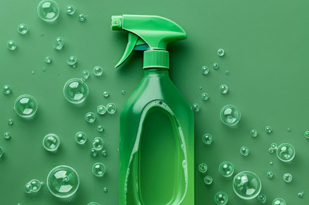 Spray bottle with green liquid and foam on green background, a Photo by Dvoevnore photos