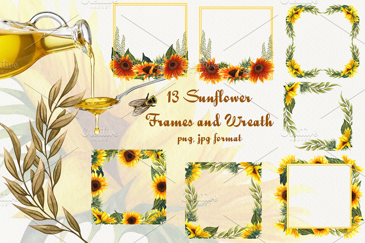 Sunflowers Watercolor Set, a Food Illustration by BarvArt (Photo 7 of 15)