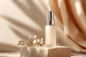 Elegant skincare serum on a textured surface with soft light and minimalist dec, a Photo by AlyaAnd