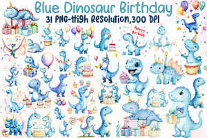 Watercolor Blue Dinosaur Birthday Cl, an Illustration by Sublimation Artist